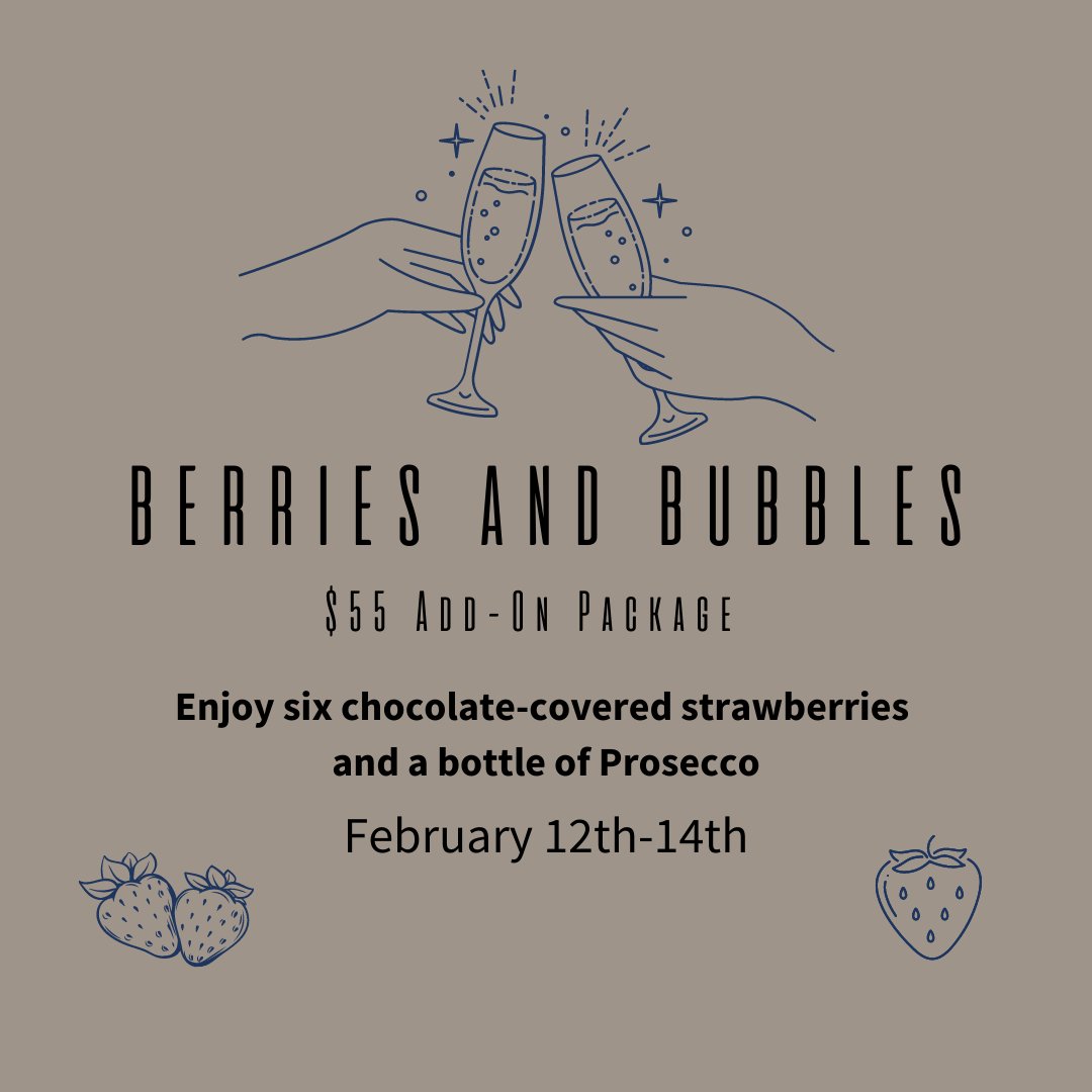 Treat yourself and your Valentine to our Berries and Bubbles add-on package! Enjoy six chocolate covered strawberries, a bottle of chilled Prosecco prior to check-in with a special note. Contact the front desk to place your order: (805) 688-8448. Let's celebrate being in love...