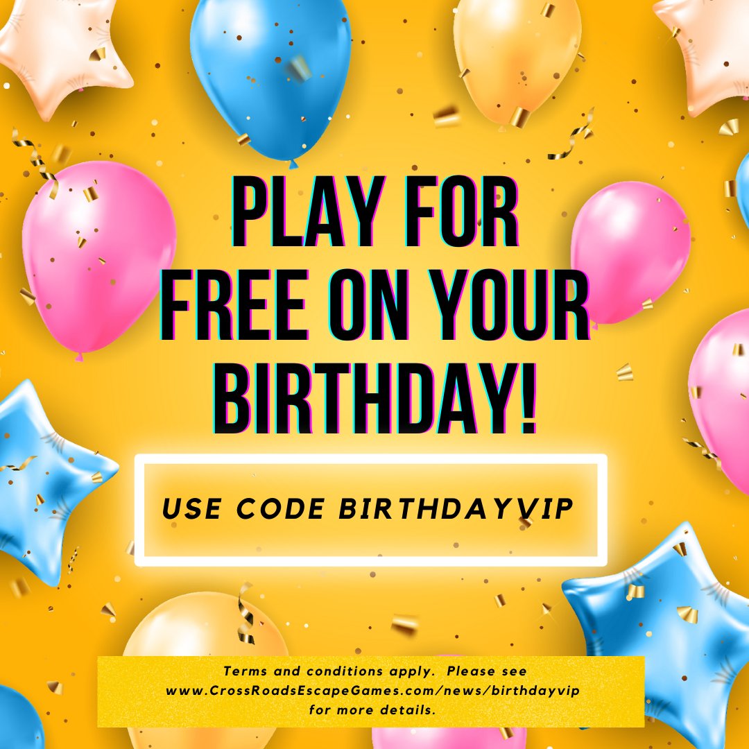CRescapegames's tweet photo. We host parties for all ages! Schedule your game for yourself and at least 3 friends within 7 days of your Birthday (before or after), and we will gift you 1 free ticket! #escaperoom #birthday #birthdayidea #party #birthdayparty
Terms and conditions apply. https://t.co/x4WaySldlC https://t.co/hj9gIQikqw
