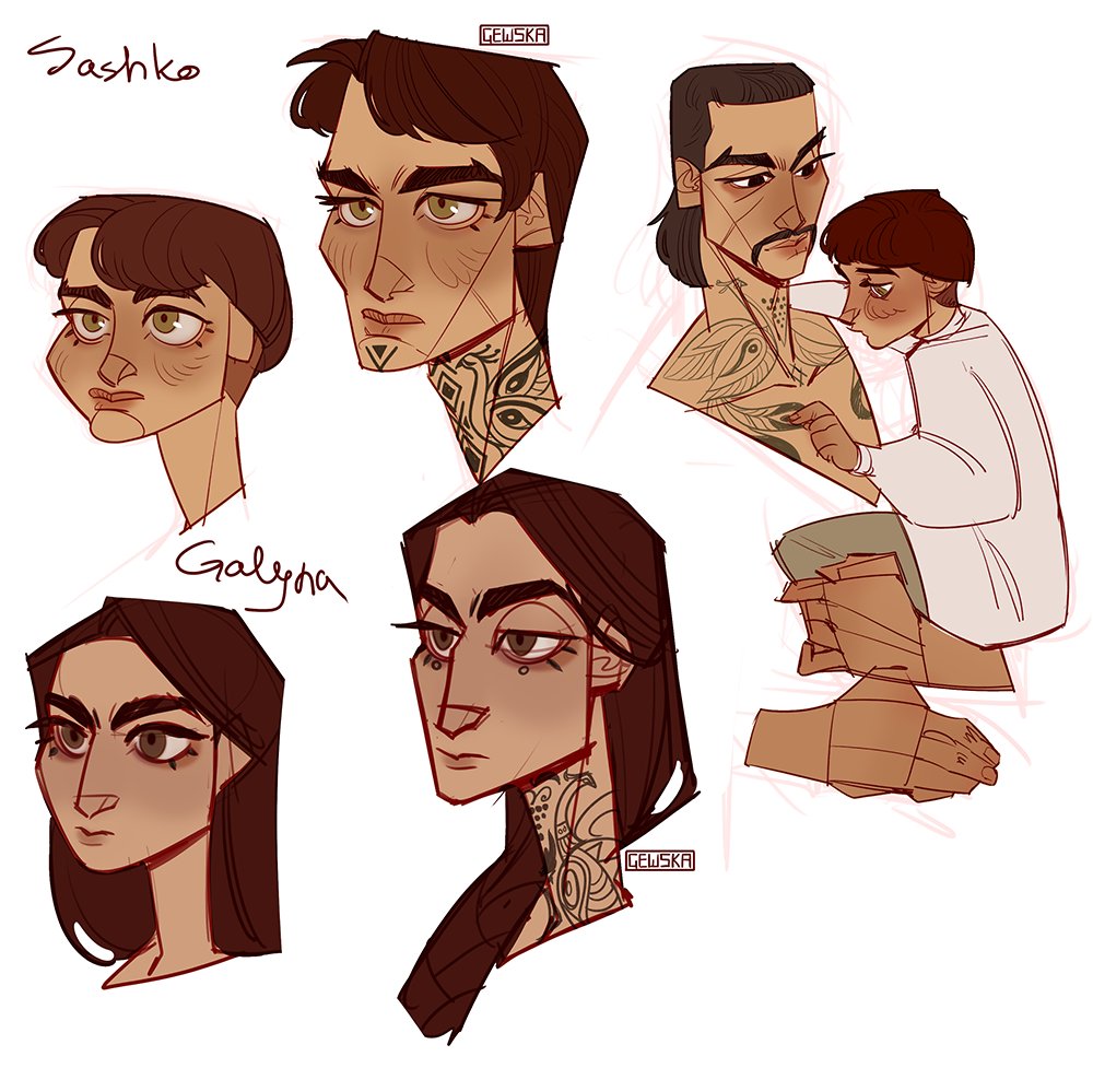 gewska's tweet photo. some sketches with Katrya and Sava; Sashko and Galyna on the last pic are their kids, but I'm not sure if Galyna is going to make it into the final story 🤔 https://t.co/wuEUBrTIrY