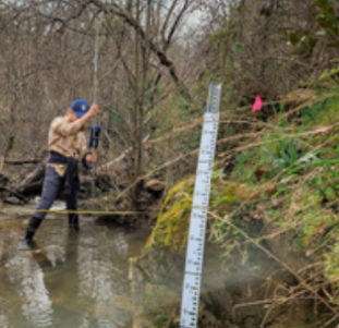 A researcher takes measurements in a stream.