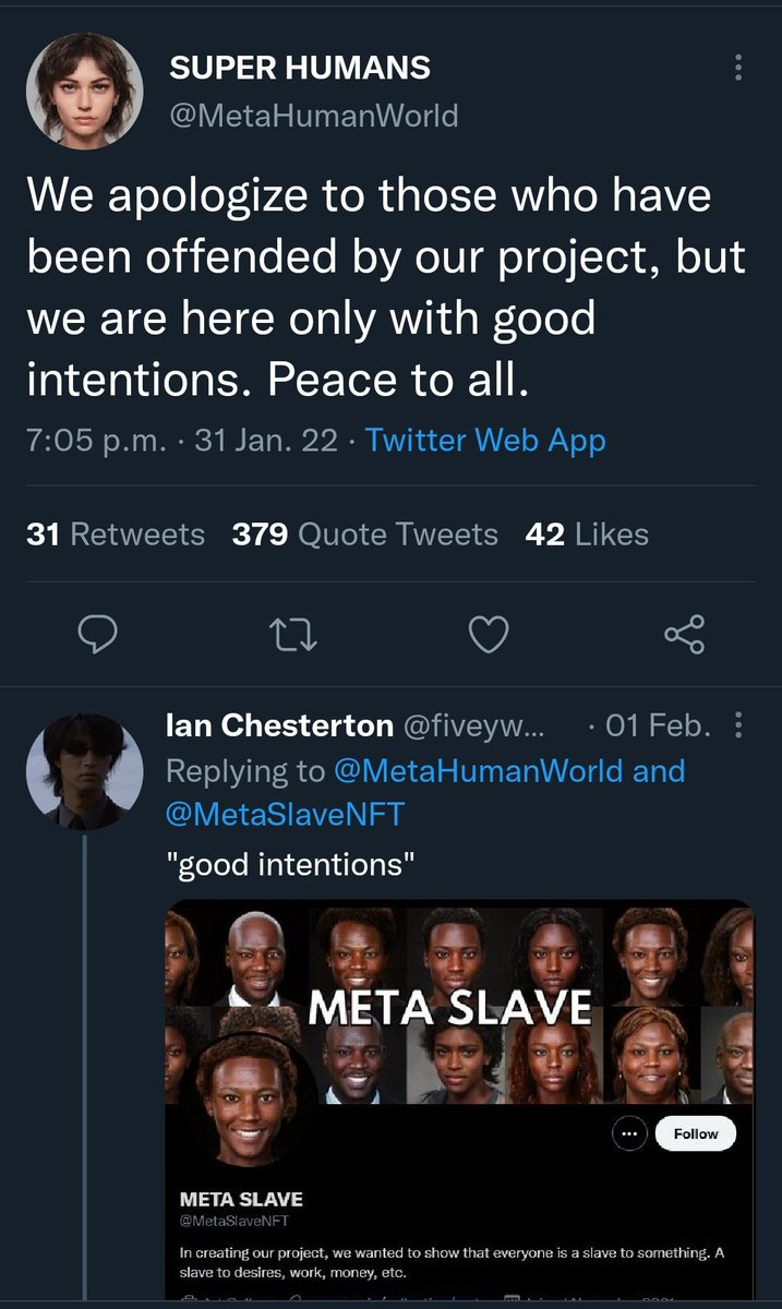 xaoptimus's tweet photo. How is it good intentions to use black people to sell a slave nft? Since when did that become good intentions? https://t.co/OxH8nXdfym