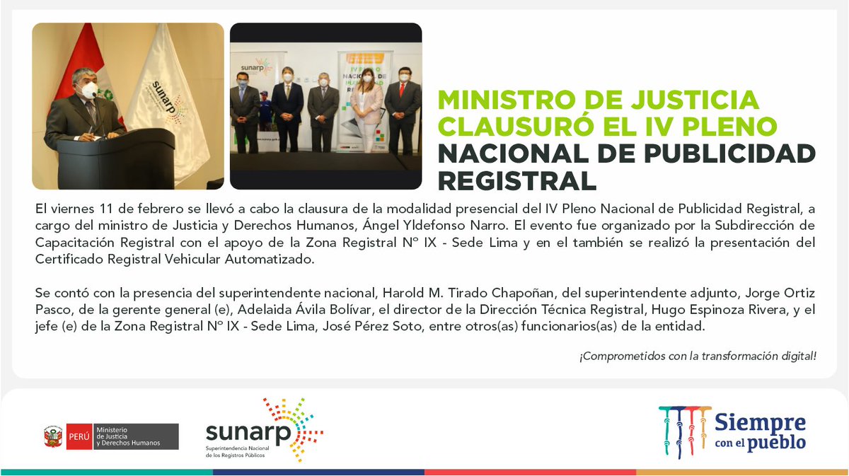 SunarpOficial's tweet photo. 📌 El ministro del @MinjusDH_Peru, Ángel Yldefonso Narro, clausuró el IV Pleno Nacional de Publicidad Registral. https://t.co/lbzxi5ISAD