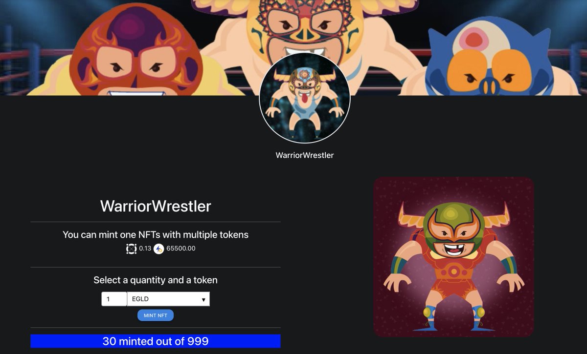 NftWrestler's tweet photo. You can now mint WarriorWrestler with: 
$EGLD and $LKMEX 📢
👇👇
Mint your WarriorWrestler -> https://t.co/nhgSnoWBRt

⚡️⚡️
P.S: Don't forget about our #NFTGiveaways 
🎁
#NFTdrop #ElrondGiveaway  
#NFTs #ElrondNFT #ElrondCommunity #NFTCommunity #NFTMint https://t.co/b1IXJKQ6VL