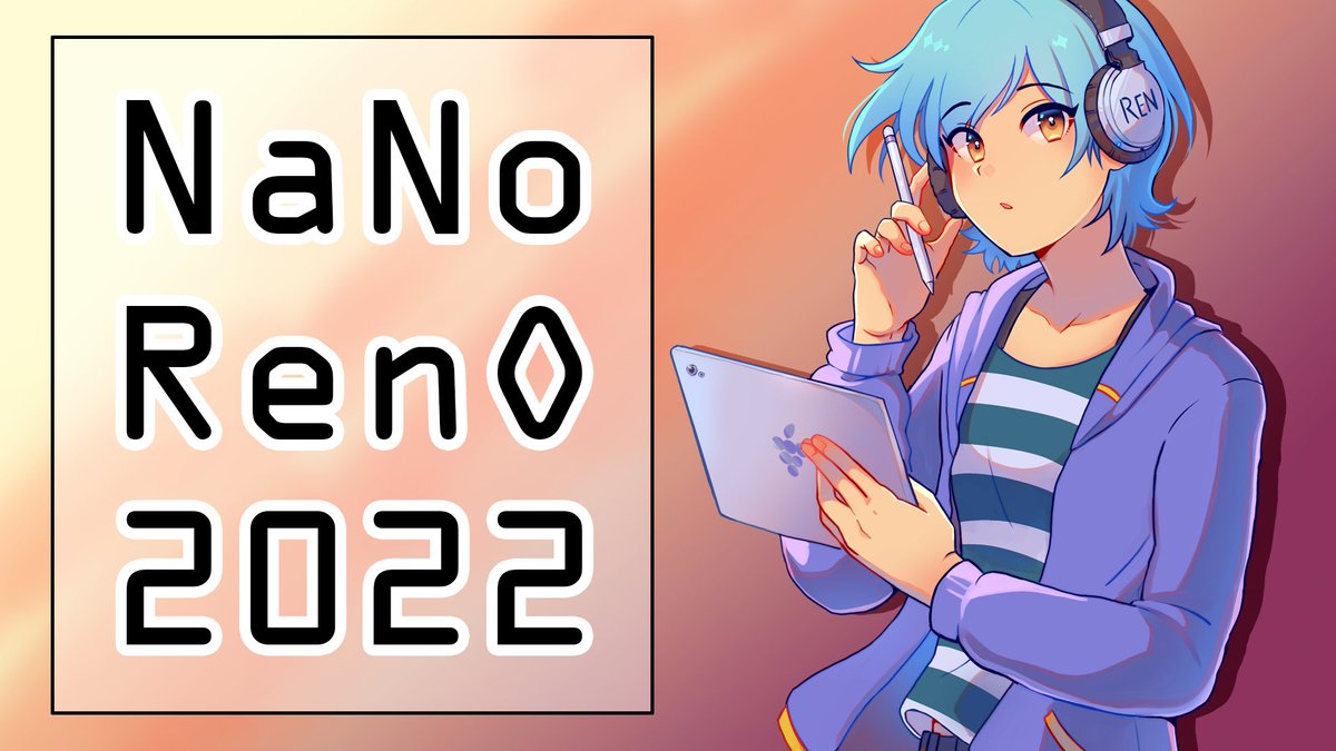 Illustration: A banner with the text NaNoRenO 2022. The jam mascot Ren stands next to it, holding a tablet and pencil.