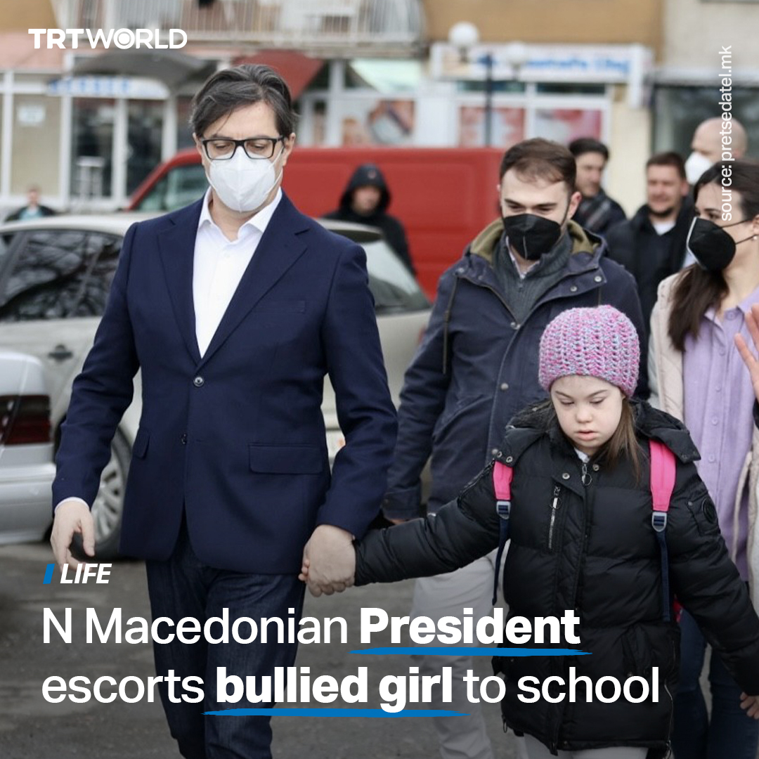 North Macedonian President Stevo Pendarovski escorted an 11-year-old girl with Down syndrome, Embla Ademi, to school after he heard she was bullied on a daily basis.

The president also visited her family in Gostivar to talk about challenges they face and discussed solutions