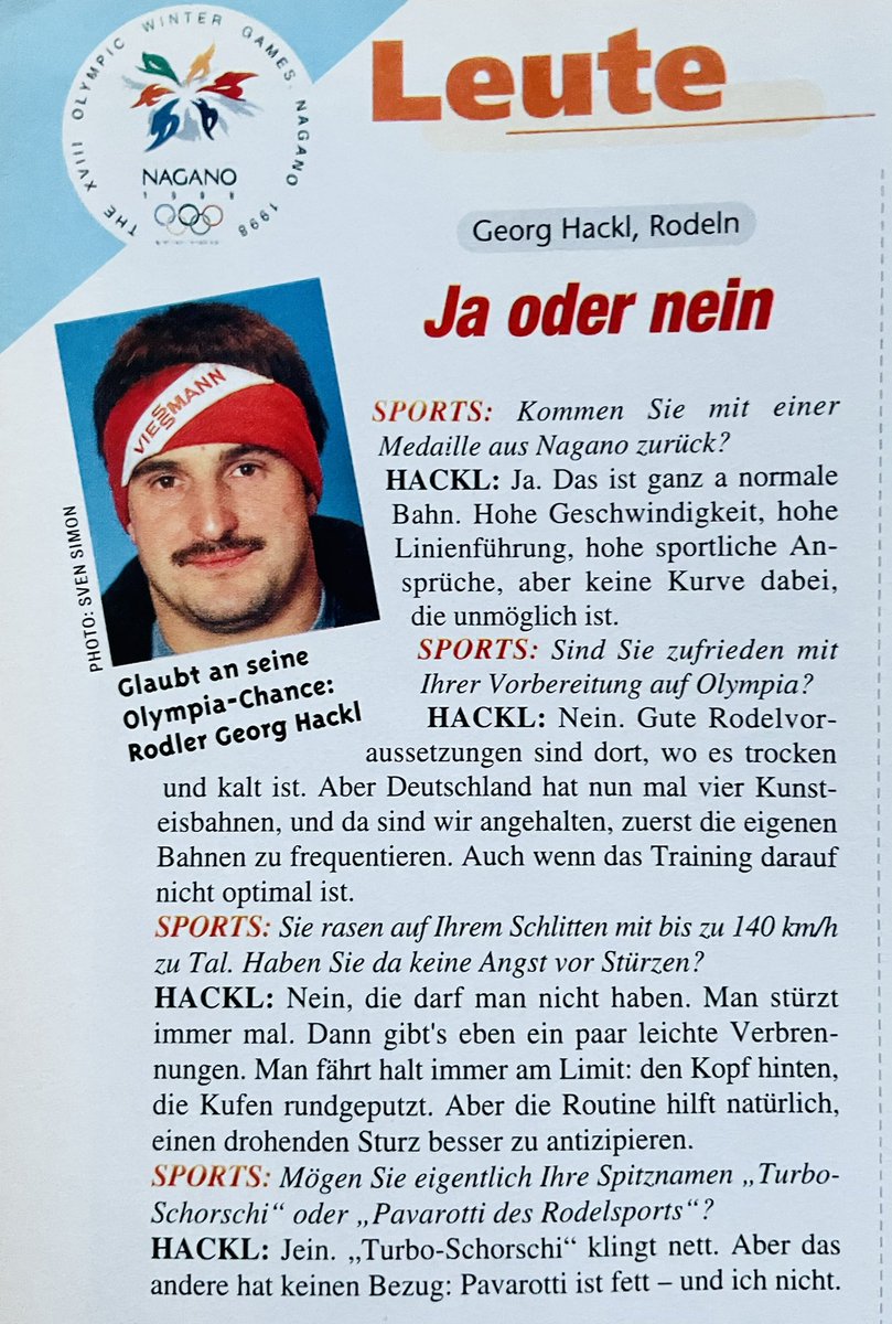 reinke_timo's tweet photo. Vorschau auf die Winter #Olympics #Nagano 🇯🇵 1998 in SPORTS – DIE SPORT-ZEITSCHRIFT.
Mini-Interview 🎙 mit Rennrodler #GeorgHackl, der selbstbewusst eine Medaille als Ziel ausgibt. Mit seinen Nicknames »Turbo-Schorschi« und »Pavarotti des Rodelsports« ist er nur mäßig zufrieden! https://t.co/vA1FTe9Gnr