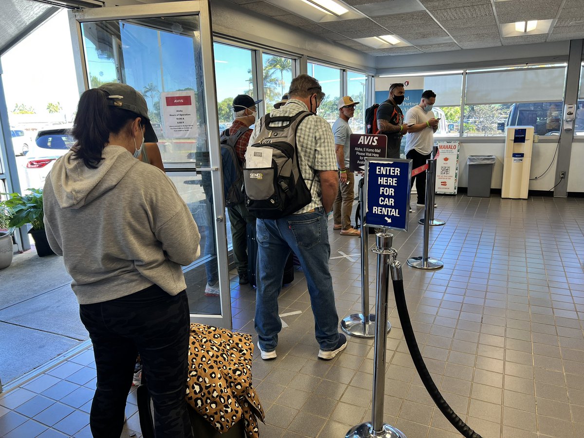 RandyHarman's tweet photo. @Avis Your operation in Kauai Hawaii is in need of an overhaul. We have all been standing in line for over an hour and aren’t even in the building yet! One attendant working the counter at 1:34pm! What? https://t.co/zIGxNqMPMR