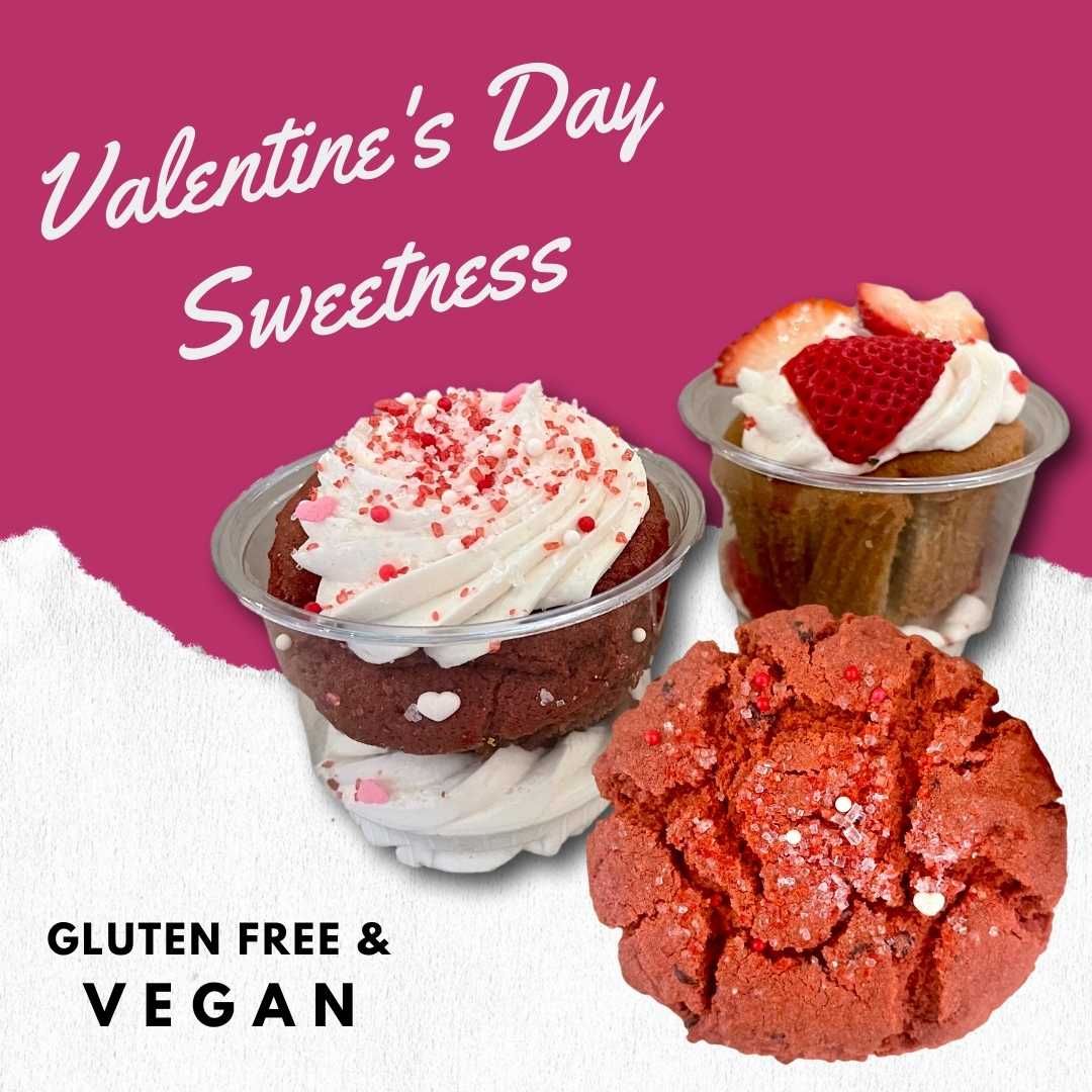GreenTomatoOC's tweet photo. Grab a sweet treat for your sweetheart this Valentine's Day! ♥️
~
Pictured: Red Velvet Cupcake, Strawberry Shortcake, Red Velvet Cookie (All Gluten Free &amp; Vegan!! 😘) https://t.co/qsq0dtm0eW