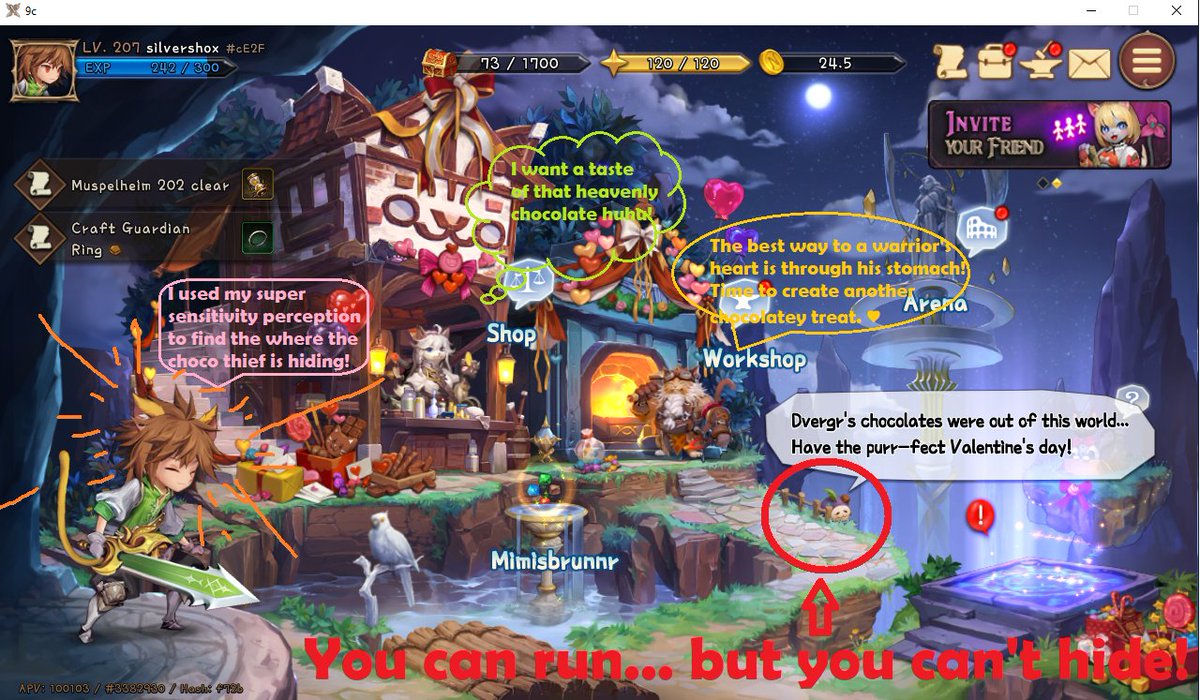 silvershox2's tweet photo. @NineChronicles Puuuurrrfect! My extra sensory perception caught the location of the choco thief! You can run but you can't hide! https://t.co/LtA5B8UJe8