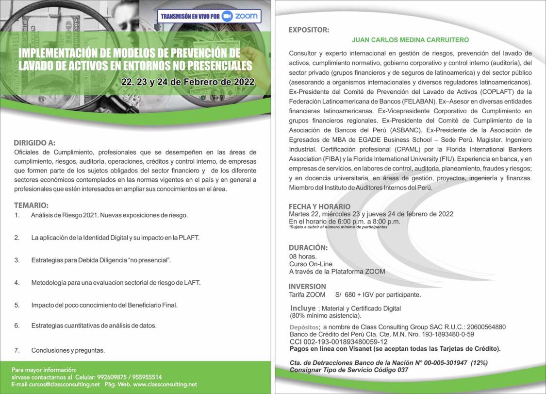 jcmc2710's tweet photo. Este 22, 23 y 24 de febrero estaremos desde Lima, Perú, en el primer curso de capacitación del año. Los esperamos! @noriega_karem #JuanCarlosMedina #Cumplimiento #RiesgosLAFT #Lima #prevención #ClassConsulting #EntornoNoPresencial https://t.co/okTVJBpdCH