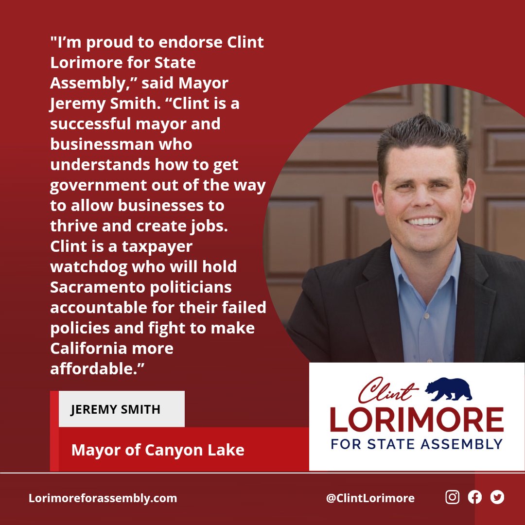 Thank you for the support Mayor Jeremy Smith! Learn more about the campaign here lorimoreforassembly.com 

#CanyonLake #Eastvale #RiversideCounty #Riverside #Norco #Corona #TemescalValley #Menifee #AD63 #LorimoreForAssembly