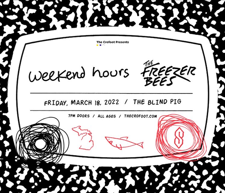weekendhours's tweet photo. weekend hours + @TheFreezerBees at @BlindPigAA let’s gooooooooooo (dm for tix to skip the fees if ur in the ann arbor area) https://t.co/rGcdg2gxzG