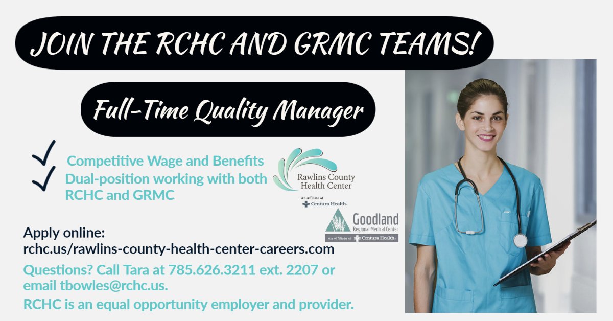 RCHC and <a href="/GoodlandRMC/">Goodland Regional Medical Center</a> have a new job opportunity for a full-time Quality Manager. 
Also, career opportunities for Hospital RN, LPN &amp; CNA, Radiology, &amp; Support Services.
For a list of current openings at RCHC and to apply, visit rchc.us/rawlins-county…. #HealthCare  #jobs