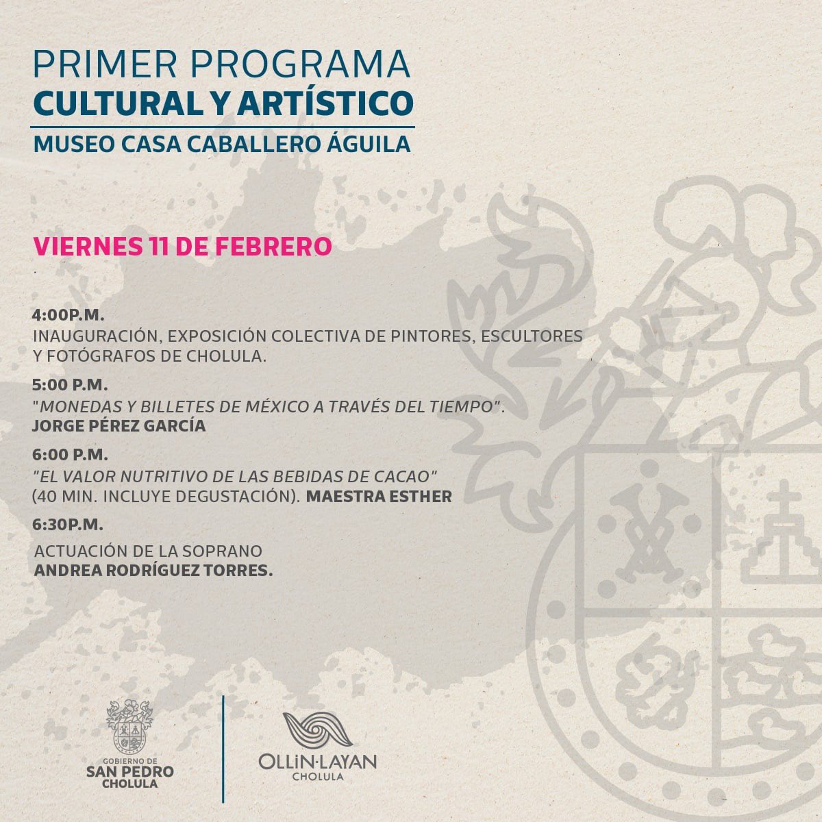 📌 Este viernes 11 de febrero conoce las actividades culturales que hay como parte del Programa Cultural y Artístico en la “Museo Casa del Caballero Águila”. 🎊🤲🏽