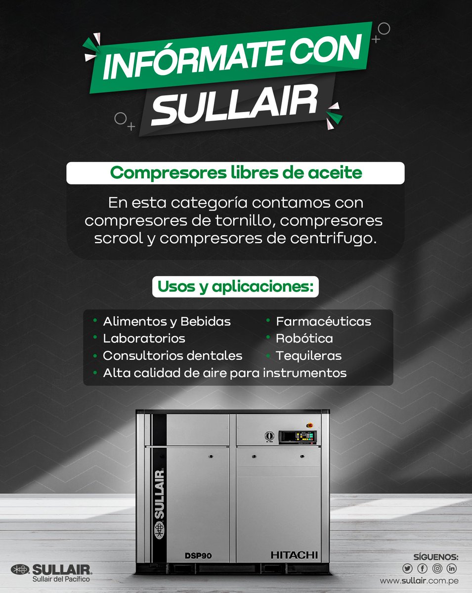 SullairPeru's tweet photo. Infórmate con Sullair 🤓🙌💯
Los compresores cuentan con una amplia línea de aplicación. Les mostramos cuales son: Compresores libres de aceite.

👉 Para mayor información sobre nuestros productos ¡Conócelos en nuestra web! https://t.co/lD7lp5FLae

#AprendeConSullair #Sullair https://t.co/qDosK5q7Yj