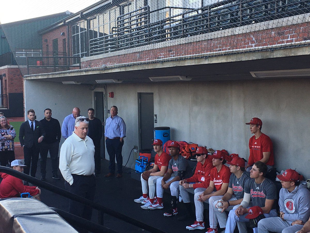 JaxStateBB's tweet photo. We had some special guests at practice this afternoon as former Gamecocks, who played for Coach Rudy Abbott, spoke to the team about the legacy and the standard that Coach Abbott set for the program. #RA18 https://t.co/5mWRhm2gzH