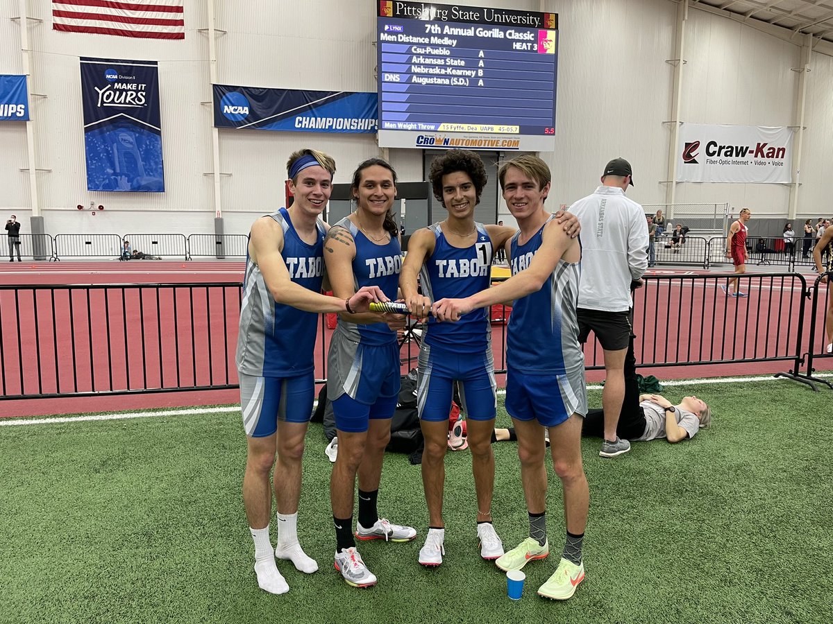 TaborTrackField's tweet photo. Took a business trip down to Pitt State. DMR of Callaway, Montoya, Penner &amp; Cunningham SMASH the NAIA “A” standard and school record with a time of 🔟:0️⃣7️⃣.6️⃣9️⃣‼️ https://t.co/6k5DrqBomR