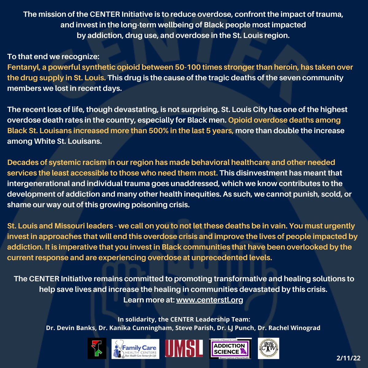 rayraywino's tweet photo. Statement: CENTER Initiative Urges Increased Investment in Wake of Recent Overdose Deaths

St. Louis, MO https://t.co/R19QzFqY3c