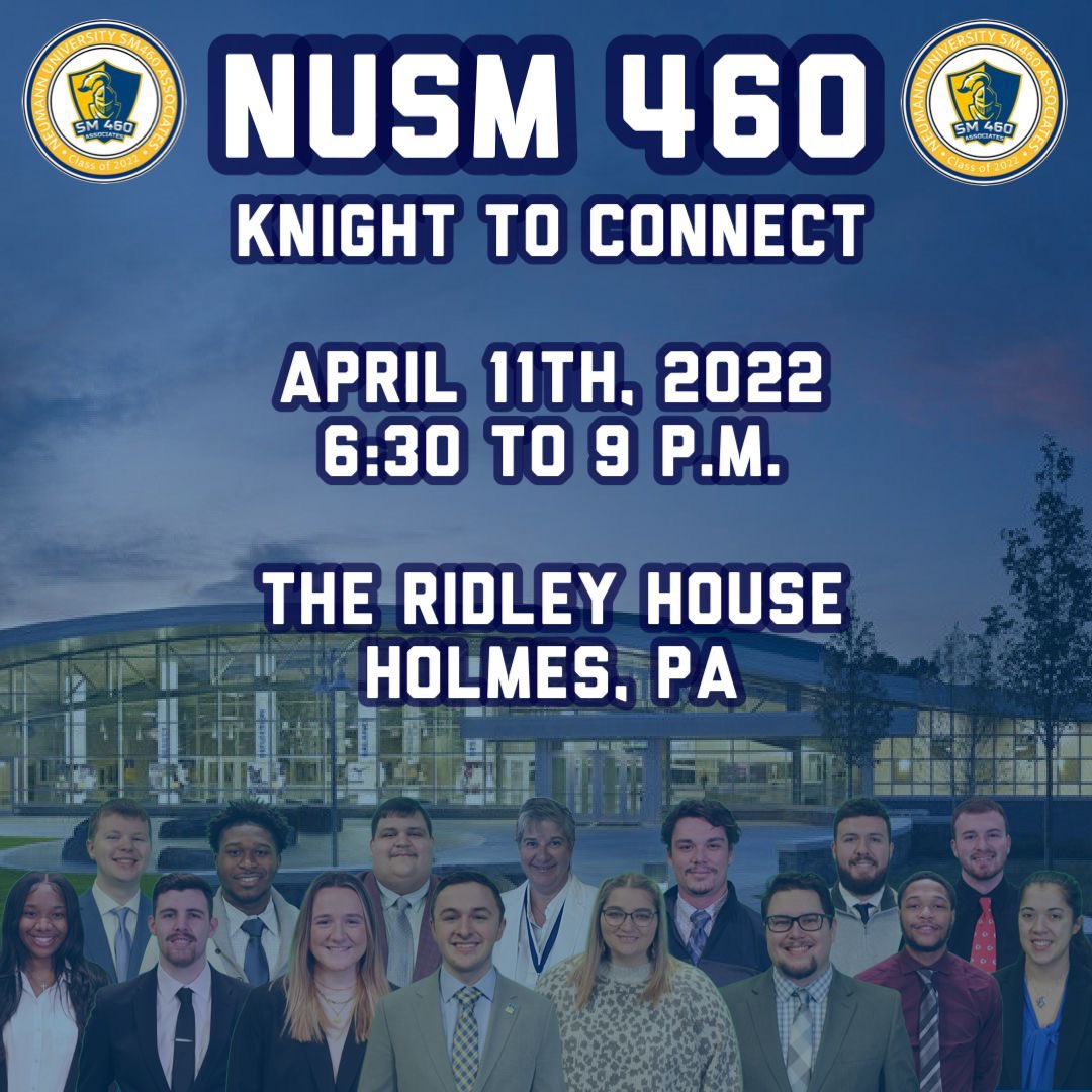 NUSM460's tweet photo. Introducing the NUSM 460 Knight to Connect brought to you by the class of 2022. We are happy to announce that our networking event will be an in person event this year!
April 11th, 2022
6:30 to 9 P.M.

The Ridley House
Holmes, PA

#sportsbiz #NUSM460 https://t.co/RdWFHDptom