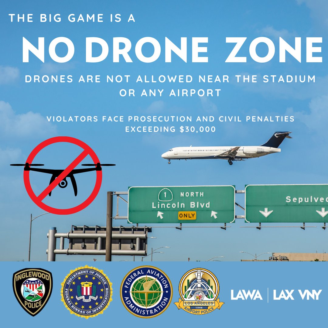 flyLAXairport's tweet photo. Be #DroneAware and help keep our skies safe. @SoFiStadium and all airports are No Drone Zones. Violators put aircraft at risk and face criminal prosecution and civil penalties in excess of $30,000. #SuperBowl @Inglewood_PD @FAANews @FBILosAngeles https://t.co/EPDZfz9jI8