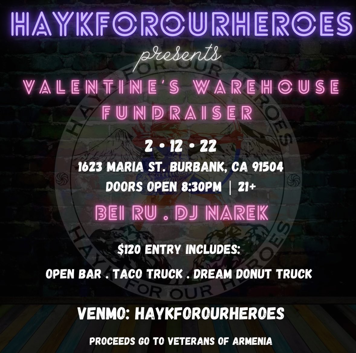 NVREK's tweet photo. TOMORROW NIGHT— I'll be DJing the Hayk For Our Heroes Fundraiser party in Burbank! Proceeds go to @VetsOfArmenia.

Bei Ru will be performing live 9:00-10:30 and I'll be taking over for the rest of the night.

Unlimited alcohol + taco truck + donut truck

See you there 🍾 https://t.co/z121MlBzCl