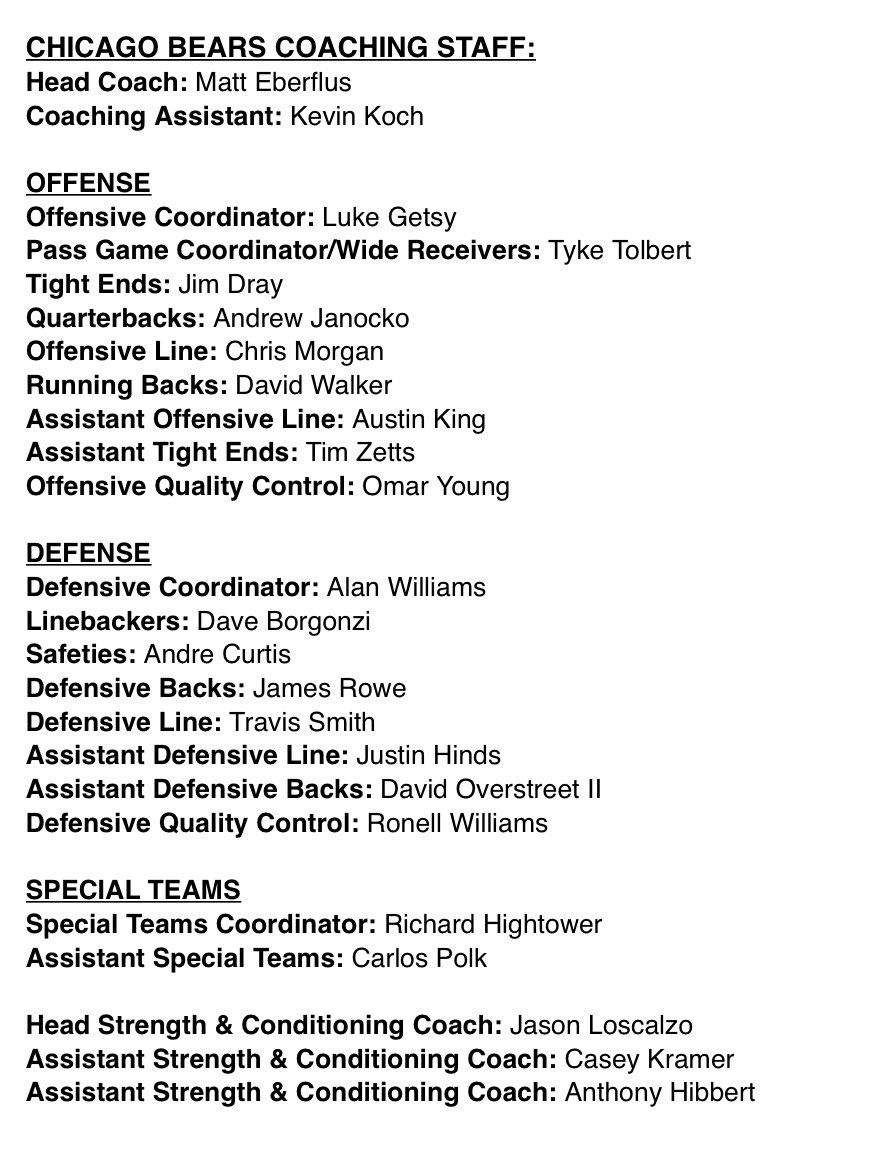 Matt Eberflus has finalized his #Bears coaching staff: