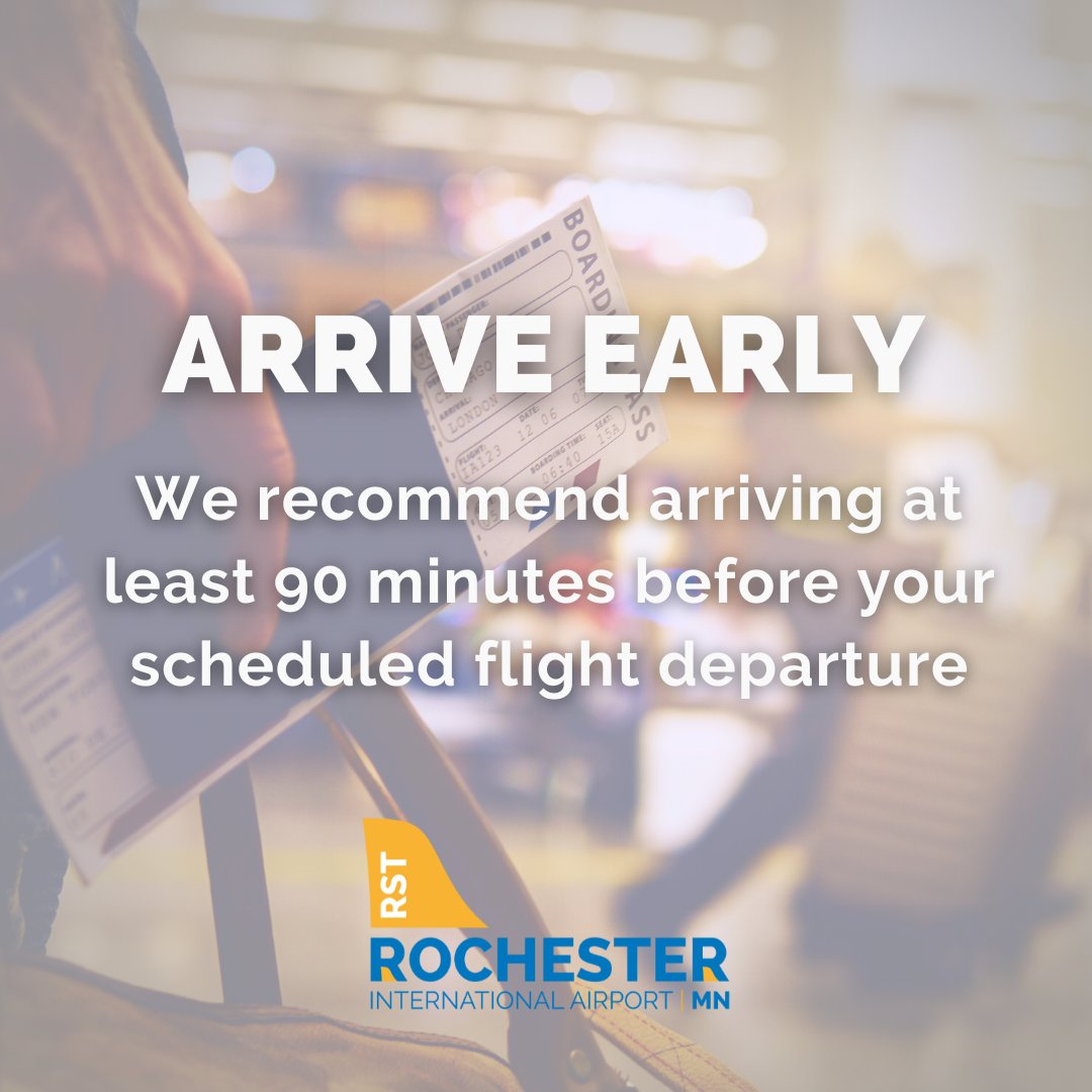 ❗ Reminder❗ 

Please arrive at RST at least 90 minutes⏰  before departure! Boarding typically begins 45 minutes ahead of takeoff, and the gate closes 15 minutes before the departure time. Check with your airline for specific times.

✈️ #FlyRST flyrst.com