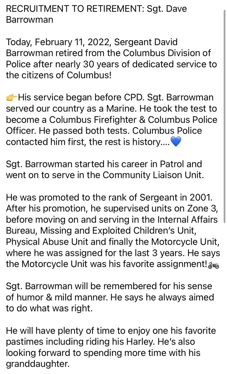 CPDRecruitment's tweet photo. RECRUITMENT TO RETIREMENT:Sgt. Dave Barrowman

Today-2/11/22-Sgt. Barrowman retired from @ColumbusPolice after 30 years of service!

He served our country as a #Marine He tested to become a firefighter &amp; officer-CPD contacted him first.💙

#columbuspolice #recruitment #retirement https://t.co/WdDZDPHlTa