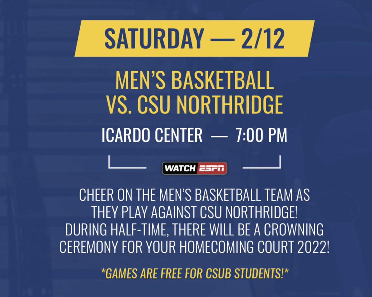 CSUBakersfield's tweet photo. #ThankYou @CSUBProgramming and @CSUBspirit for hosting today’s Drive-Thru Spirit Day! 💙💛🥳

Homecoming game:
@CSUB_MBB vs. CSU Northridge
Saturday, Feb. 12 at 7 p.m.
📍Icardo Center

⚠️ Please note safety protocols will be in place at the game 😷
#CSUBhomecoming #RunnerPride https://t.co/cgrn1GcG3R