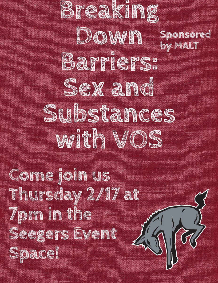 Muhlenberg_MALT's tweet photo. We are delighted to announce that MALT is sponsoring a fantastic presentation titled "Breaking Down Barriers: Sex and Substances" with Voices of Strength and Prevention Ed. here at Muhlenberg! The event will be held on Thursday, February 17th at 7:00pm in the Seegers Event Space! https://t.co/V1BIGd0OUY