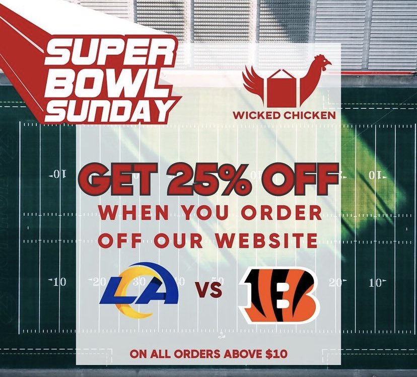 wickedchickenca's tweet photo. What’s the Wicked way of celebrating the Super Bowl? With 25% off your order! No matter who you’re cheering for we have what you’re craving. Visit https://t.co/L0OoSRmxDm &amp; start ordering! #bestchicken #chickenwings #friedchickensandwich #footballfood #torontoeats #insauga https://t.co/wT1XPA2wJA