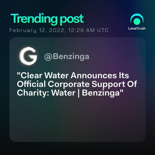 Phugia7878's tweet photo. Trending on LunarCrush:

"Clear Water Announces Its Official Corporate Support Of Charity: Water | Benzinga"
Via @Benzinga

Top coin mentions
$cake

24-hour mentions 9
 
https://t.co/QtWX0S3oRk https://t.co/RTiI5o3qXj