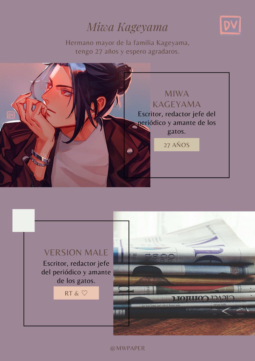 ︿︿︿︿︿︿︿︿︿︿︿︿︿
│ │ │ │. ;; [📰] `, - : Me llamo Miwa Kageyama.
│ │ │ ✧ Versión male de un personaje de Hq.
│ │ ◆ Tengo 27 años.
│ ✧ #hqrp #Anitwt #roleplayeraccount 
◆ rt and fav para ser mutuals.
