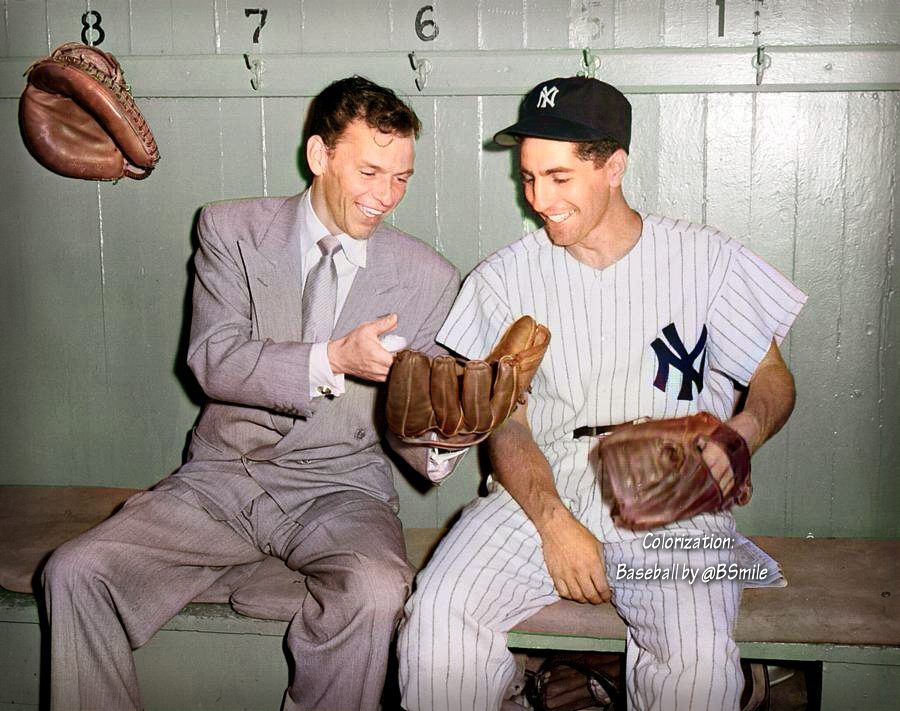 BSmile's tweet photo. Frank Sinatra chats with New York #Yankees shortstop Phil Rizzuto on the bench at Yankee Stadium! (1949) ⚾️ #NYC #MLB #Baseball #History https://t.co/7S81MBKSd0