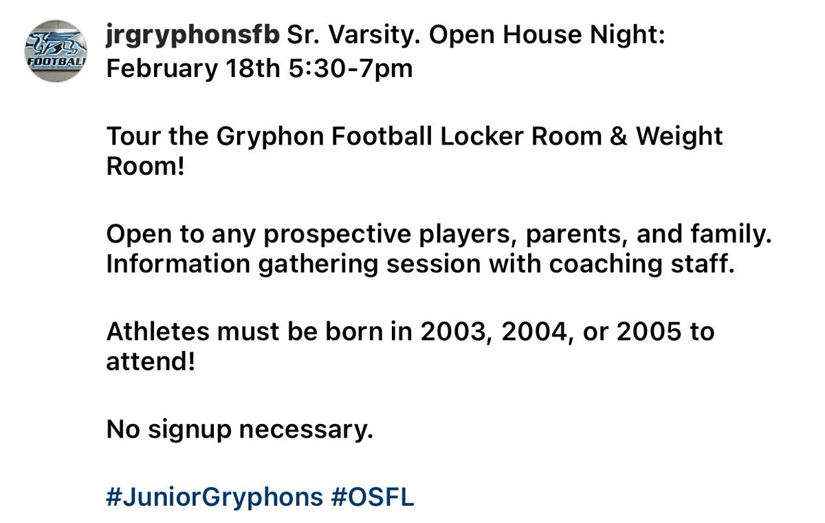 Looking forward to hosting some of the best talent in Southern Ontario. See you at the Open House <a href="/JrGryphFootball/">GMFA</a> #JuniorGryphons