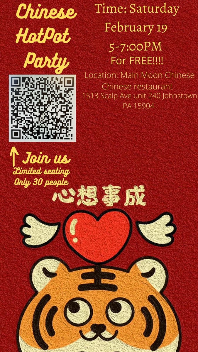 SPittjohnstown's tweet photo. SPARKS is hosting a hotpot party for Pitt-Johnstown students at Main Moon Restaurant on Saturday, Feb 19. Please take the survey (using the QR code in the picture) and we will send you the ticket. Contact tneff@pitt.edu for more info. https://t.co/405oOad72f