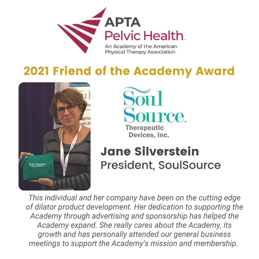 SoulSourceTD's tweet image. Congratulations Jane on your APTA Pelvic Health Friend of the Academy Award!

#SoulSourceTherapeuticDevices #pelvichealth