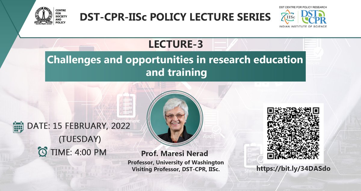📢#WebinarAlert 

Our #PolicyLectureSeries is back this month!

A session on 𝐂𝐡𝐚𝐥𝐥𝐞𝐧𝐠𝐞𝐬 &amp; 𝐎𝐩𝐩𝐨𝐫𝐭𝐮𝐧𝐢𝐭𝐢𝐞𝐬 𝐢𝐧 𝐑𝐞𝐬𝐞𝐚𝐫𝐜𝐡 𝐄𝐝𝐮𝐜𝐚𝐭𝐢𝐨𝐧 by Prof. Maresi Nerad

📆 15 Feb
🕓 4PM (IST)

ℹ️ bit.ly/3rDvLmw 

<a href="/IndiaDST/">DSTIndia</a> <a href="/EduMinOfIndia/">Ministry of Education</a> <a href="/ugc_india/">UGC INDIA</a>