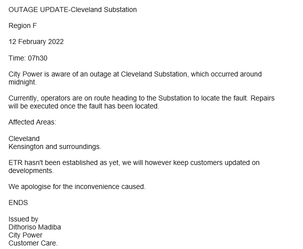 CityPowerJhb's tweet photo. #OutageUpdate
#ClevelandOutage
City Power apologises profusely affected customers. ^DR https://t.co/AcnEwN3xQn