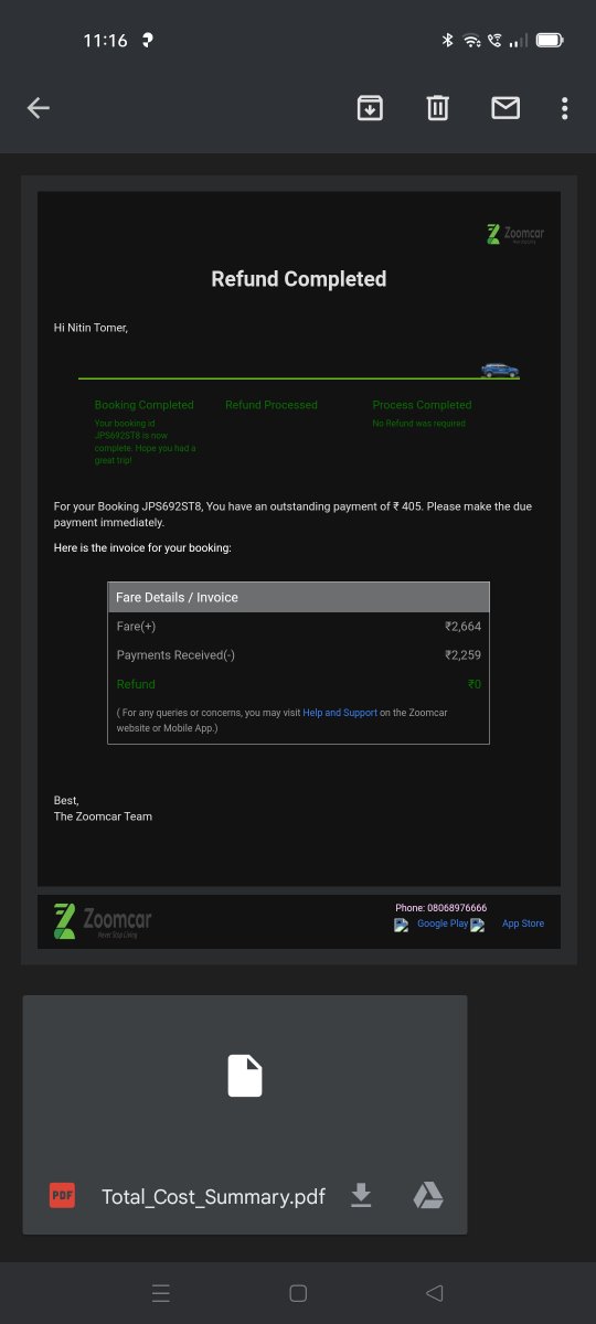 yantee_nt's tweet photo. @ZoomCarIndia The car you provided broke down after 6 hours whereas I have booked for 2 days. I had to waste 3 hours. And now you are asking me to pay 405 more instead of refunding my money. Bravo!!! https://t.co/nlGtbob8xq