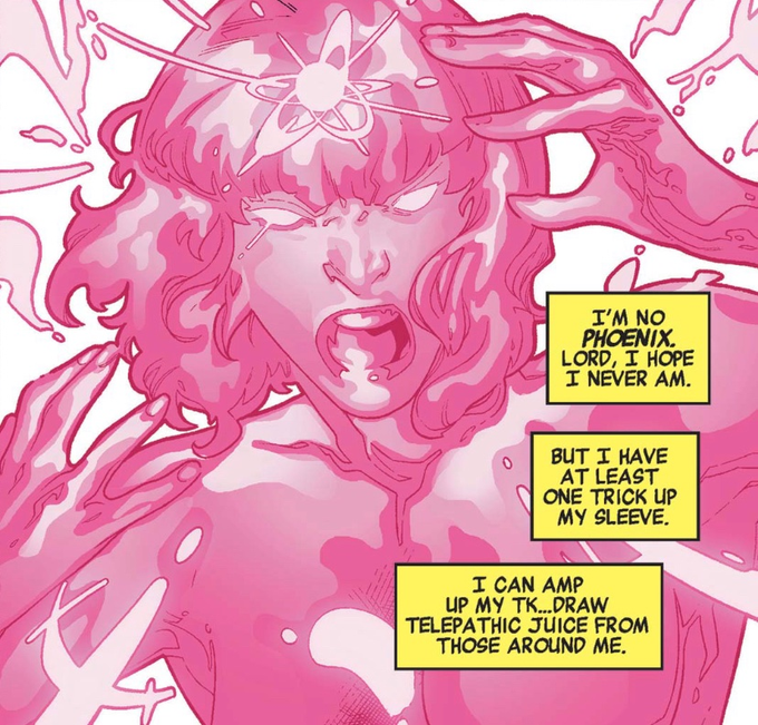 Jean_RED_Grey's tweet photo. @LoveJeanGrey11 @GerryDuggan Haha! I really trust Duggan. He's done right by Jean, and I suspect he's just getting warmed up with her. I wouldn't be surprised if he's the writer who finally has her use her psionic energy absorption ability. #PinkForm https://t.co/jhz6CE4zlm