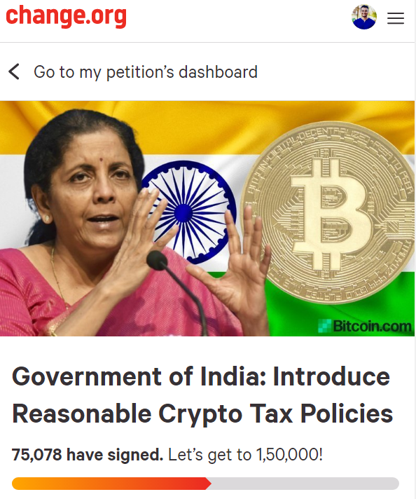 CryptooAdy's tweet image. We have reached 75,000 petition sign-ups. 🙏

if you are not happy with the new crypto tax rules, don&apos;t forget to sign and share the petition 

English - change.org/cryptotaxpolicy
Hindi - chng.it/8K5756qC

#reducecryptotax #reducecryptotaxDay10