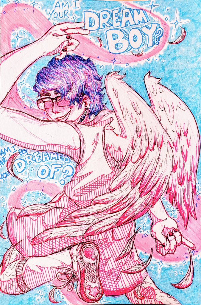 LavenderBazil's tweet photo. AM I THE BOY YOU DREAMED OF?

#selfportrait SECRET CRUSH ON YOU #wings #angel #pink #blue #pink #lgbt #queer #queerartist #waterparks #sketch #sketchbook https://t.co/tX4gI8iGIl