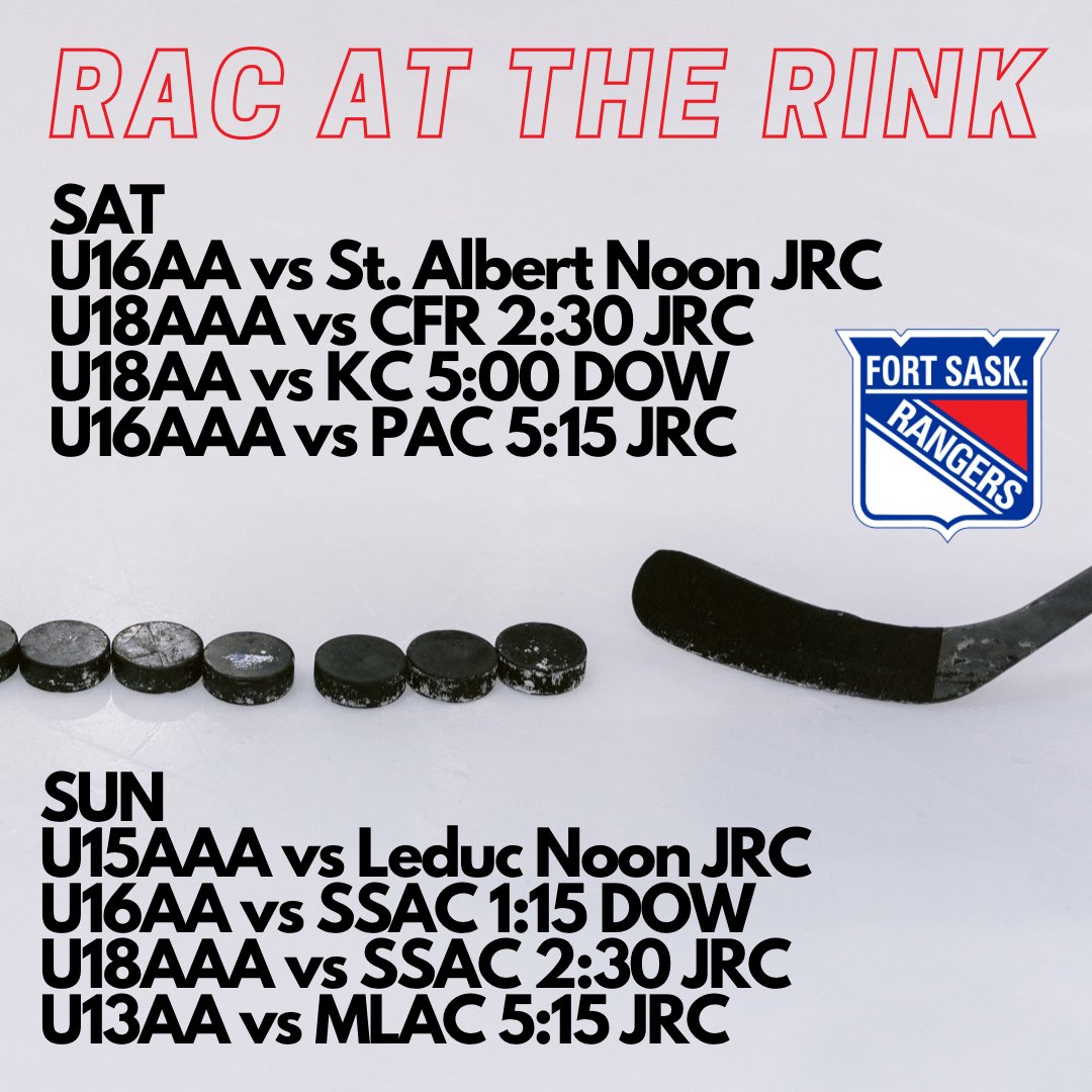 Lots of #RedBucket hockey on tap for this weekend!!!  #RACHockey  <a href="/RAC_U18AAA/">Fort Sask U18 AAA Strike Group Rangers</a> @fort_aaa <a href="/RAC_U15_AAA/">Fort Saskatchewan U15AAA Enhance It Rangers.</a> <a href="/RAC_U18AA/">Fort Sask U18AA Rangers</a>