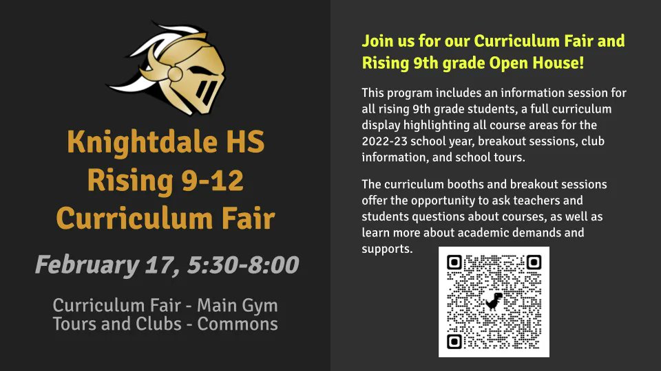 KnightdaleHS's tweet photo. JOIN US :: THURSDAY, FEBRUARY 17 :: 5:30 PM - 8:00 PM :: Curriculum Fair and Rising 9th grade Open House! https://t.co/RULWssBBd3 #GameOnKHS @KHSCDPrincipal @NeuseRiverMS @WendellMiddle @KdaleNC https://t.co/9zLysiPMnJ