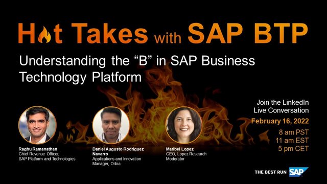 debasisp's tweet photo. On Feb 16th, the hot takes continue with a session exploring the “Business” in #SAPBusinessTechnologyPlatform. Join us to see how to make a real impact on your organization with #SAPBTP, learn about its embedded business process knowledge, and more. https://t.co/CswD3Zv5hj https://t.co/AW2KARX8JW