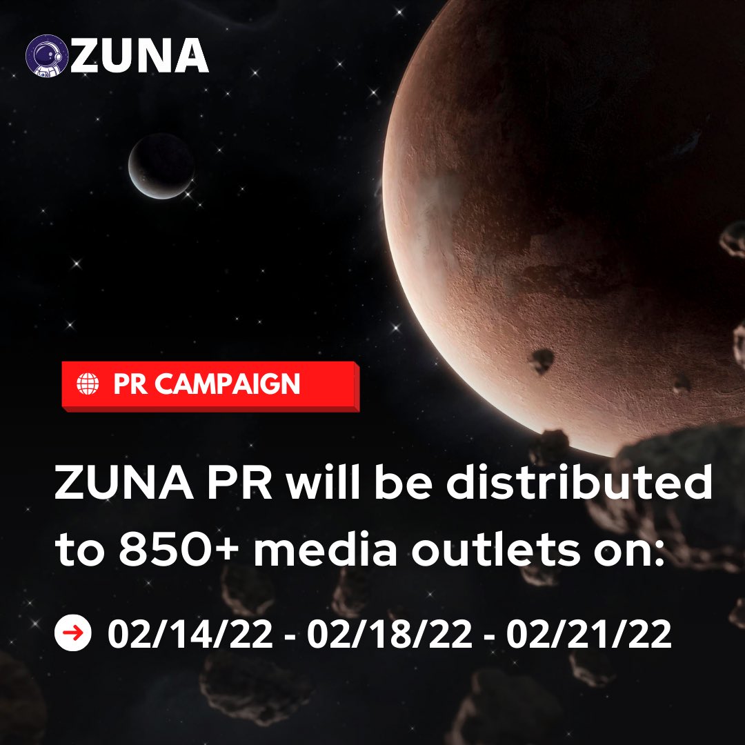 zunacoin's tweet photo. We will be dropping 3 large release's to 850+ crypto/media outlets starting Monday 🚀 here are the dates:

02/14/22
02/18/22
02/21/22

#zunacoin #nftdrop #NFTs #BSCGEMS #altcoin https://t.co/roKP9mDzMK