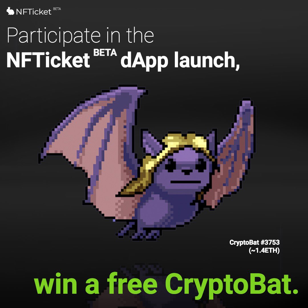 NFTicketFinance's tweet photo. We’re giving away a free @CryptoBatzNFT to someone who participates in the NFTicket dApp BETA launch. Must be whitelisted to participate in the beta.

We are also giving away WL spots to 10 people who RT + Like this post. Go!

#dApp #Polygon #NFT #Giveaway #Whitelist https://t.co/UjVGFpzQcZ