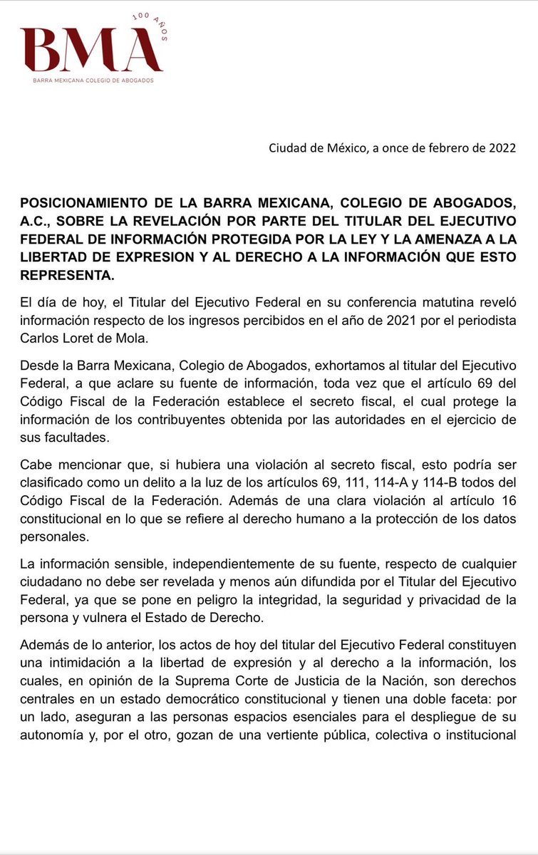 1/2 Fuertes reacciones, no sólo del gremio de los periodistas, ahora la Barra Mexicana del Colegio de Abogados lanza un fuerte posicionamiento sobre la información que, el Presidente Andrés Manuel exhibió, sobre los ingresos de ⁦<a href="/CarlosLoret/">Carlos Loret de Mola</a>⁩
