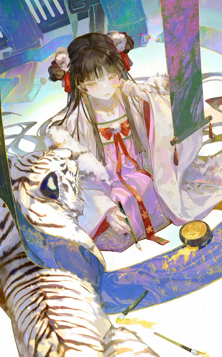 1girl paintbrush tiger chinese clothes holding paintbrush white tiger long hair  illustration images